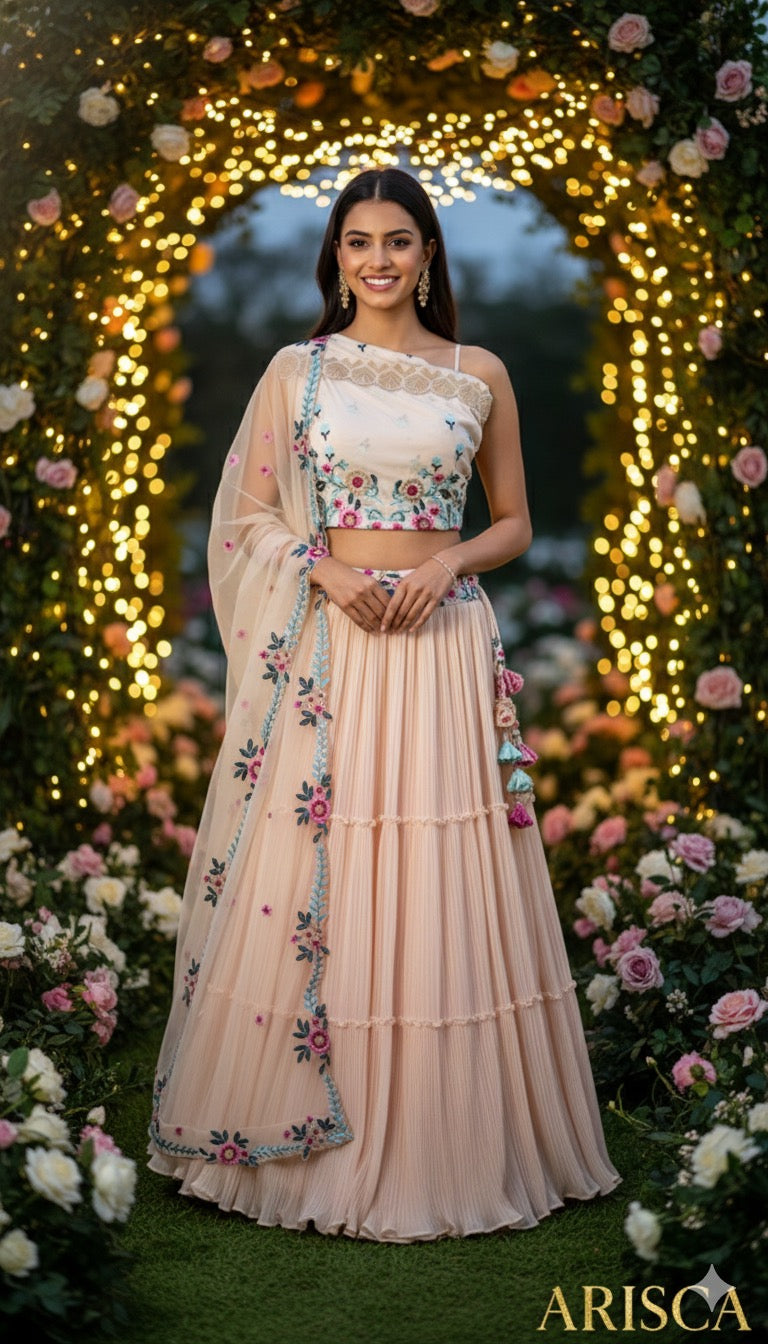 Woman in a traditional outfit with floral design standing in front of a decorated archway with flowers and lights.
