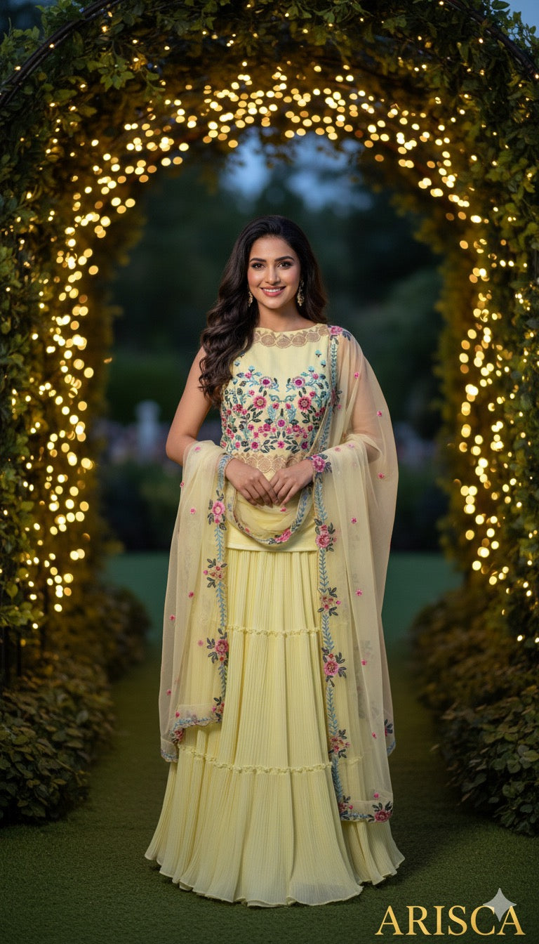 Woman in a light yellow traditional outfit with floral patterns standing in front of a decorative arch with lights.