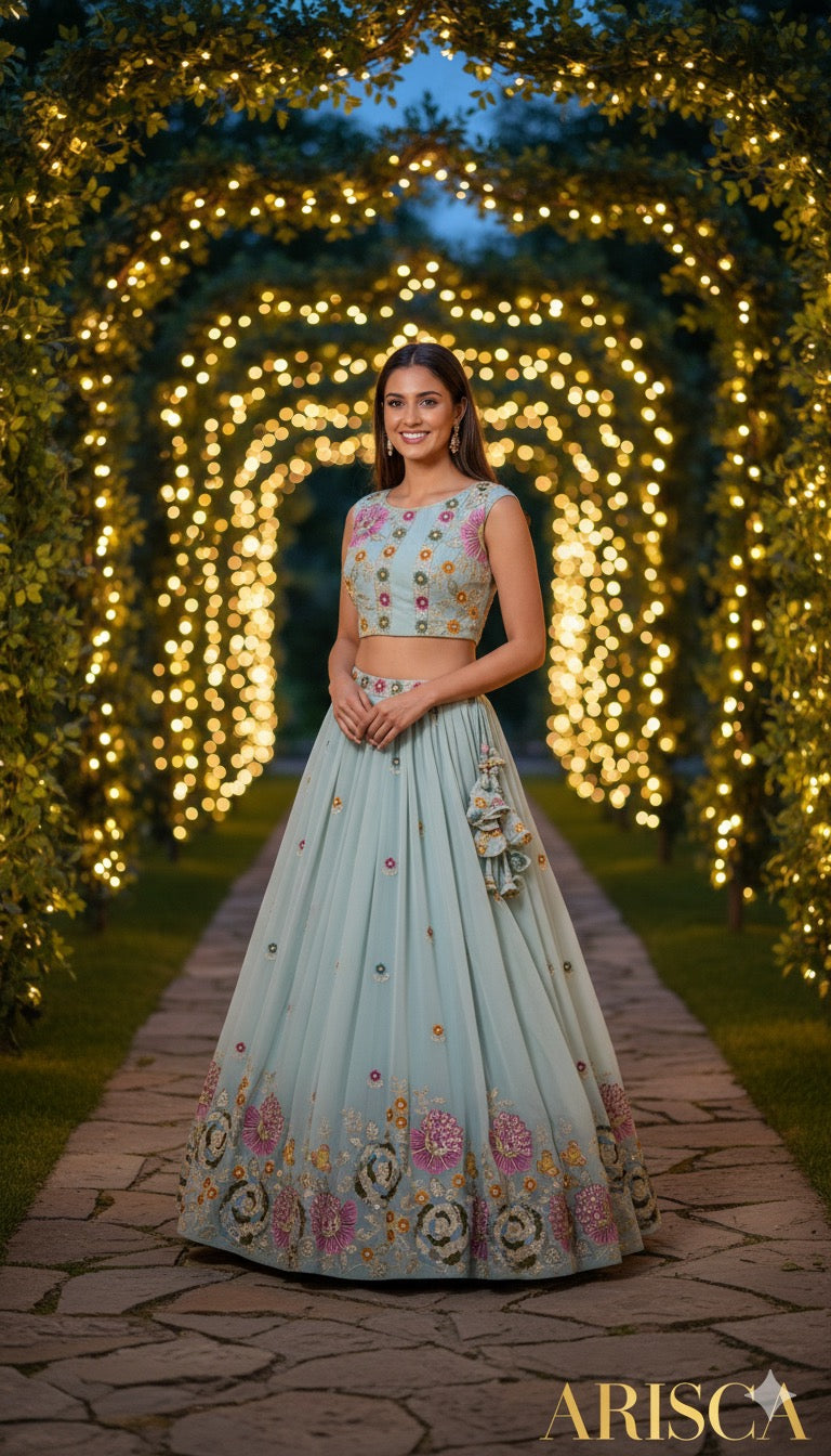 Woman in a traditional outfit standing under a decorative archway with lights.