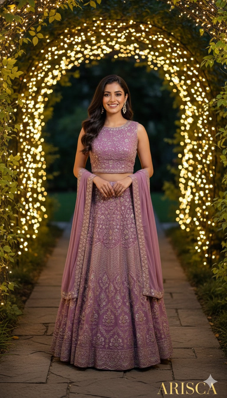 Woman in a pink traditional outfit standing under a decorated archway with lights.