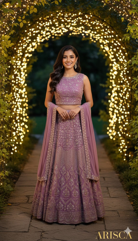 Woman in a pink traditional outfit standing under a decorated archway with lights.