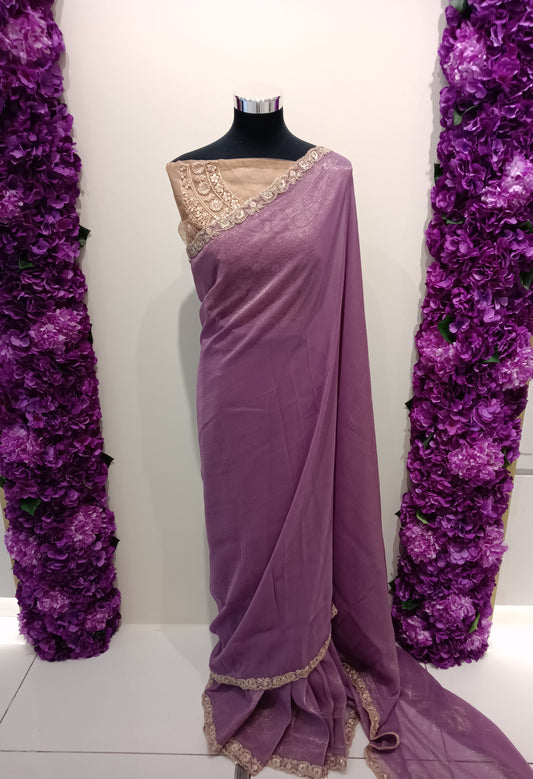 lavender ready to wear saree in Qatar. Pre stitched with perfect pleats, shimmer fabric & gold lace border. Perfect for parties & events.