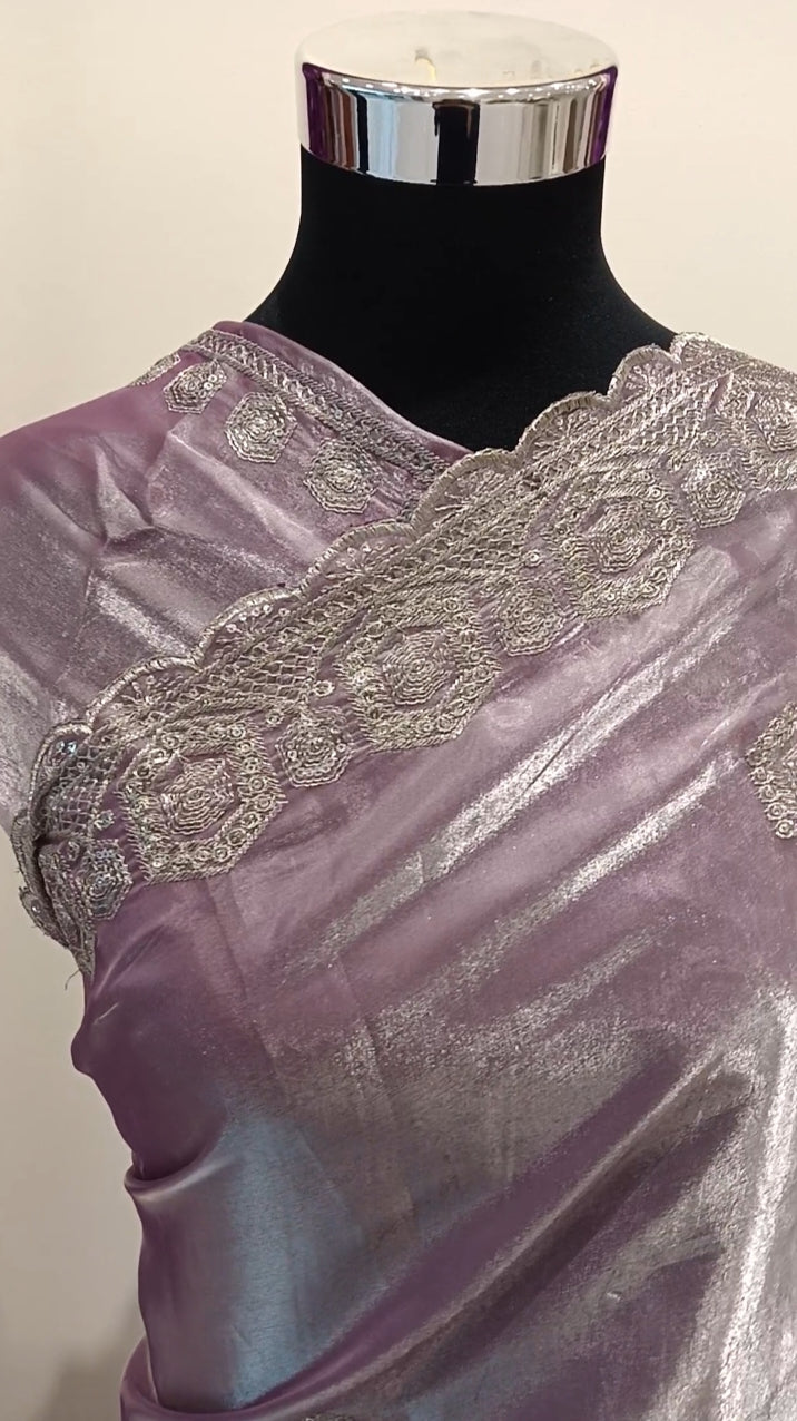 lavender lilac / dusty mauve purple saree enhanced with silver thread embroidery, scalloped lace borders, delicate motif detailing.