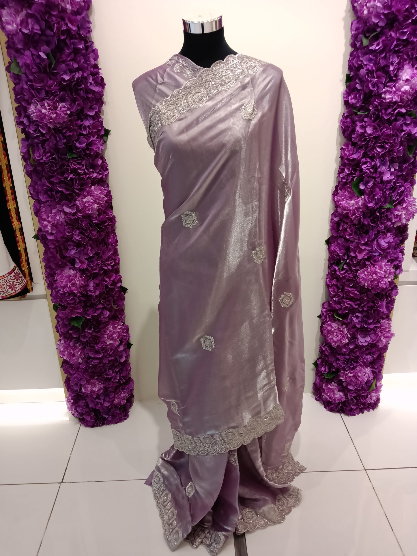 lavender ready to wear saree with silver embroidery. Pre-stitched with perfect pleats for weddings, parties & events in Qatar.