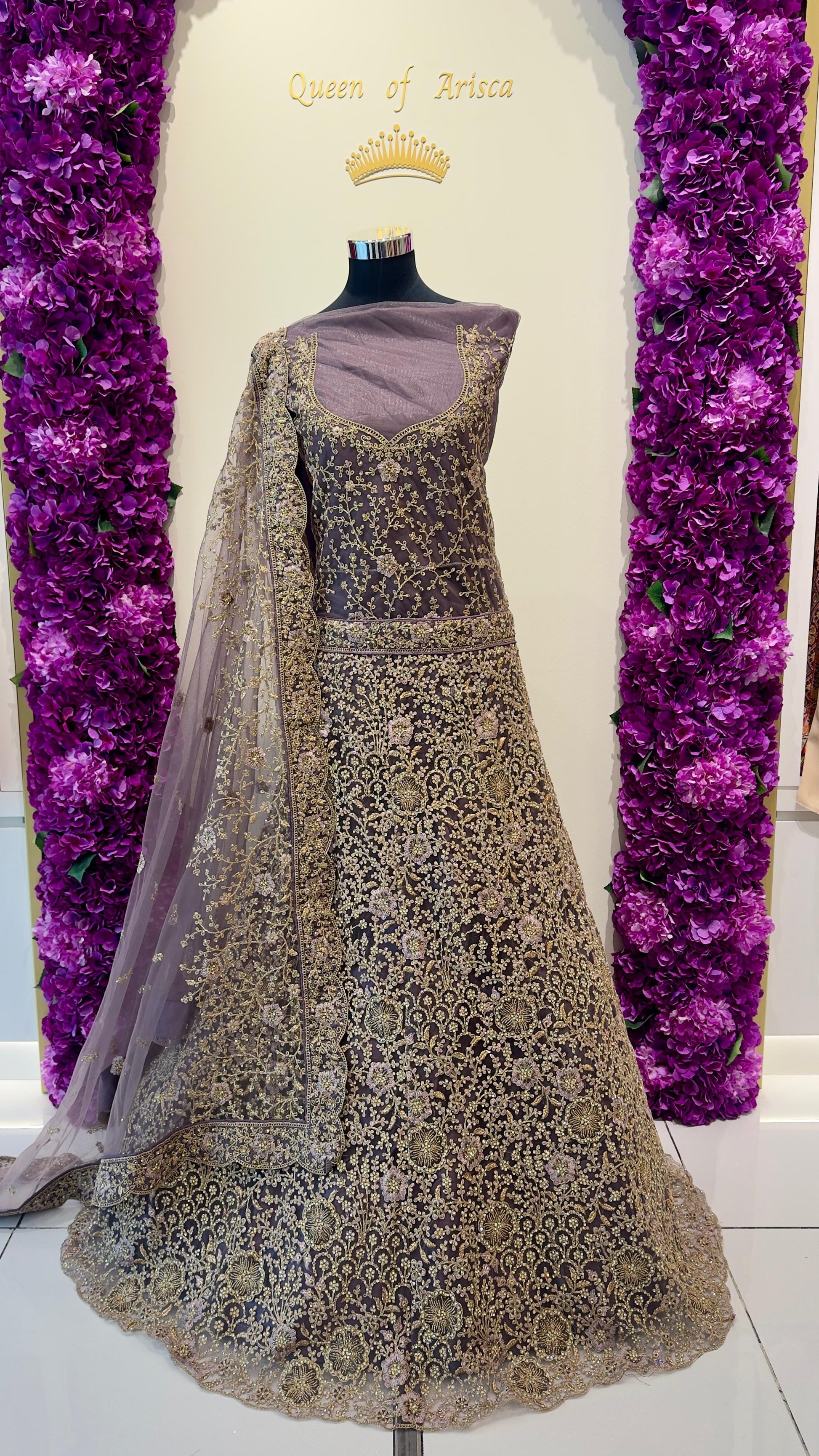 Lehenga Skirt: Premium net fabric with dense zari and sequin embroidery for rich volume and movement
  Blouse: Embroidered net with soft inner lining for comfort during long wedding events 
Dupatta: Sheer embroidered net dupatta with ornate scalloped border detailing 