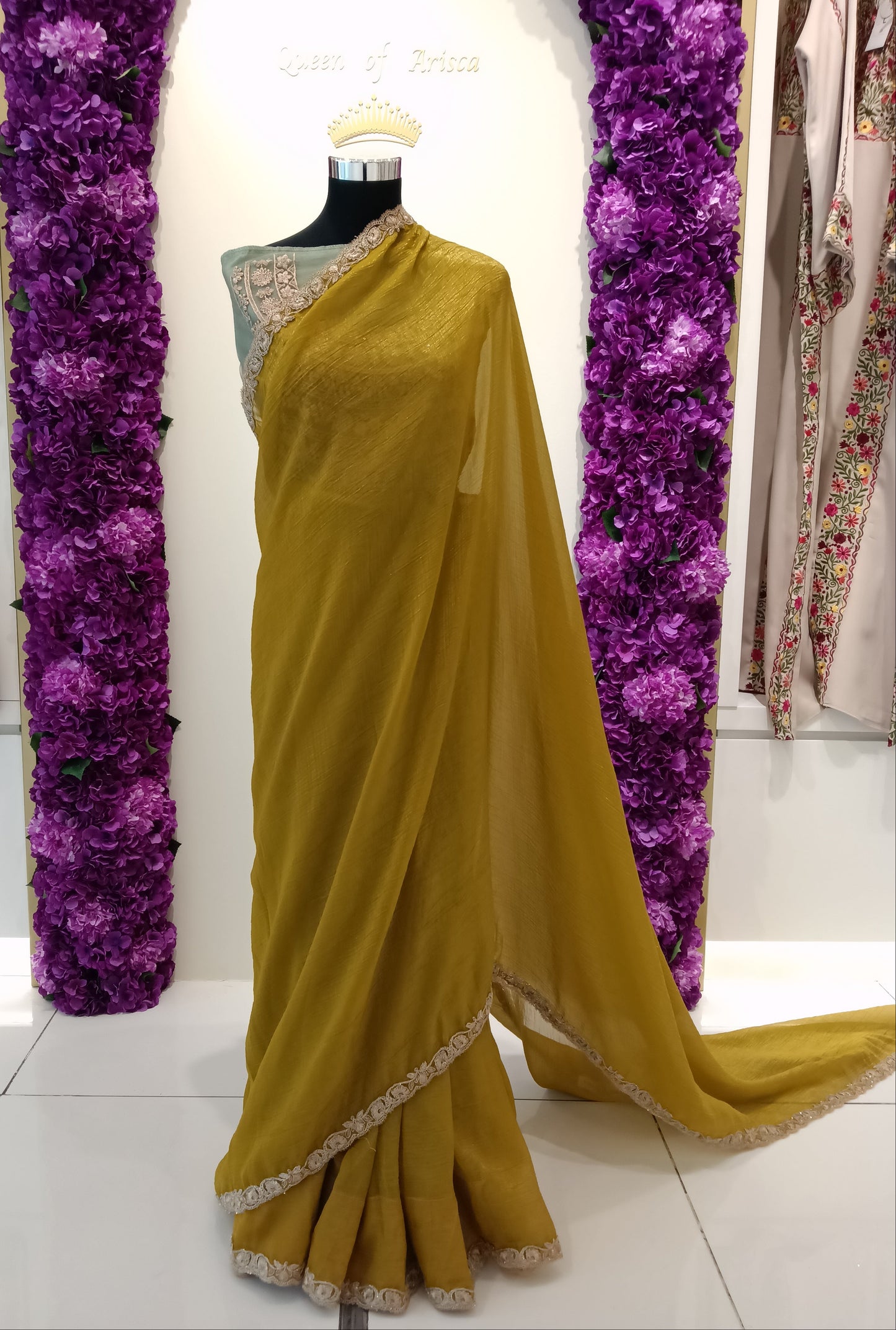 Shop mustard ready to wear saree in Qatar. Prestitched with perfect pleats, elegant drape & ideal for Eid, weddings and gatherings