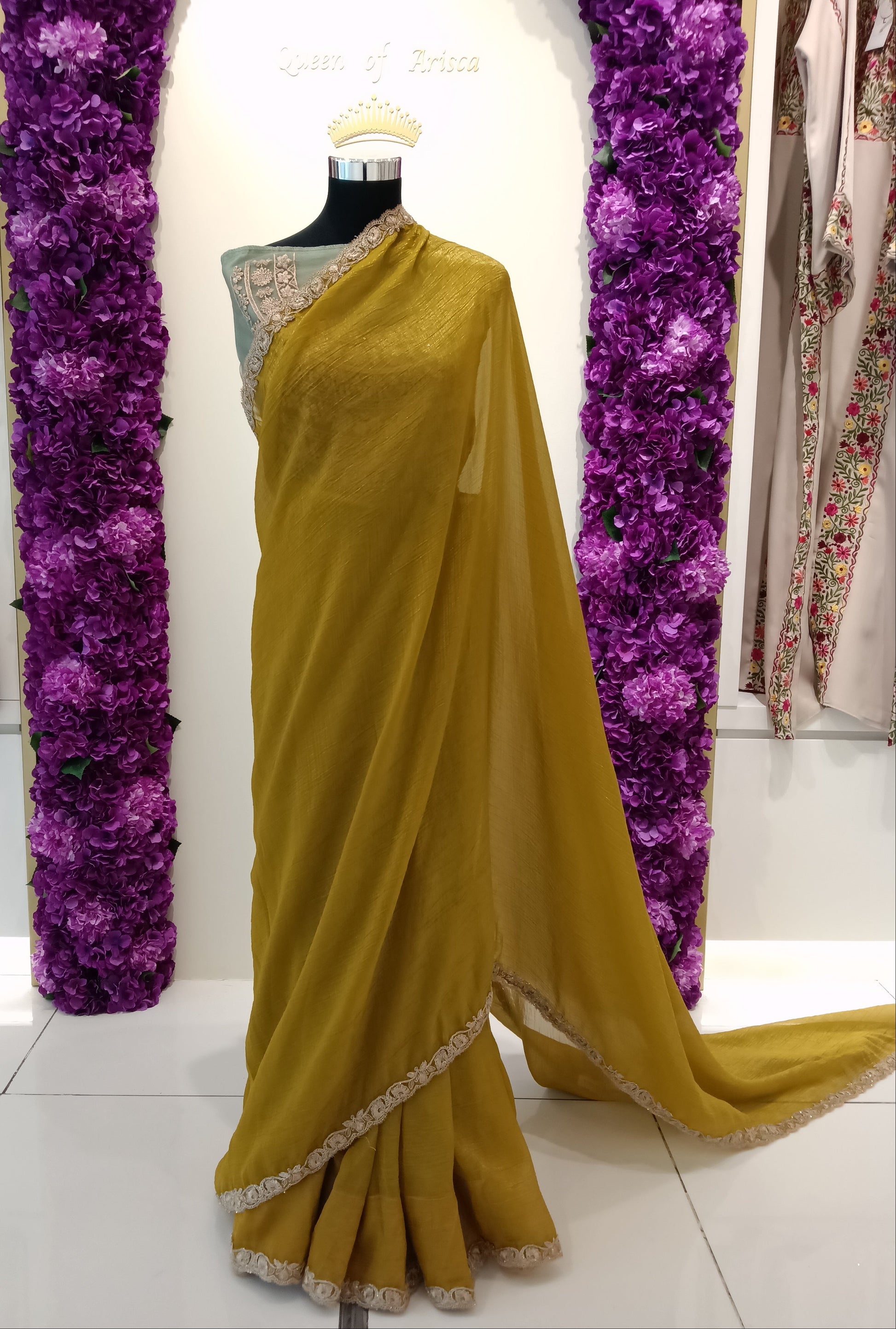 Shop mustard ready to wear saree in Qatar. Prestitched with perfect pleats, elegant drape & ideal for Eid, weddings and gatherings