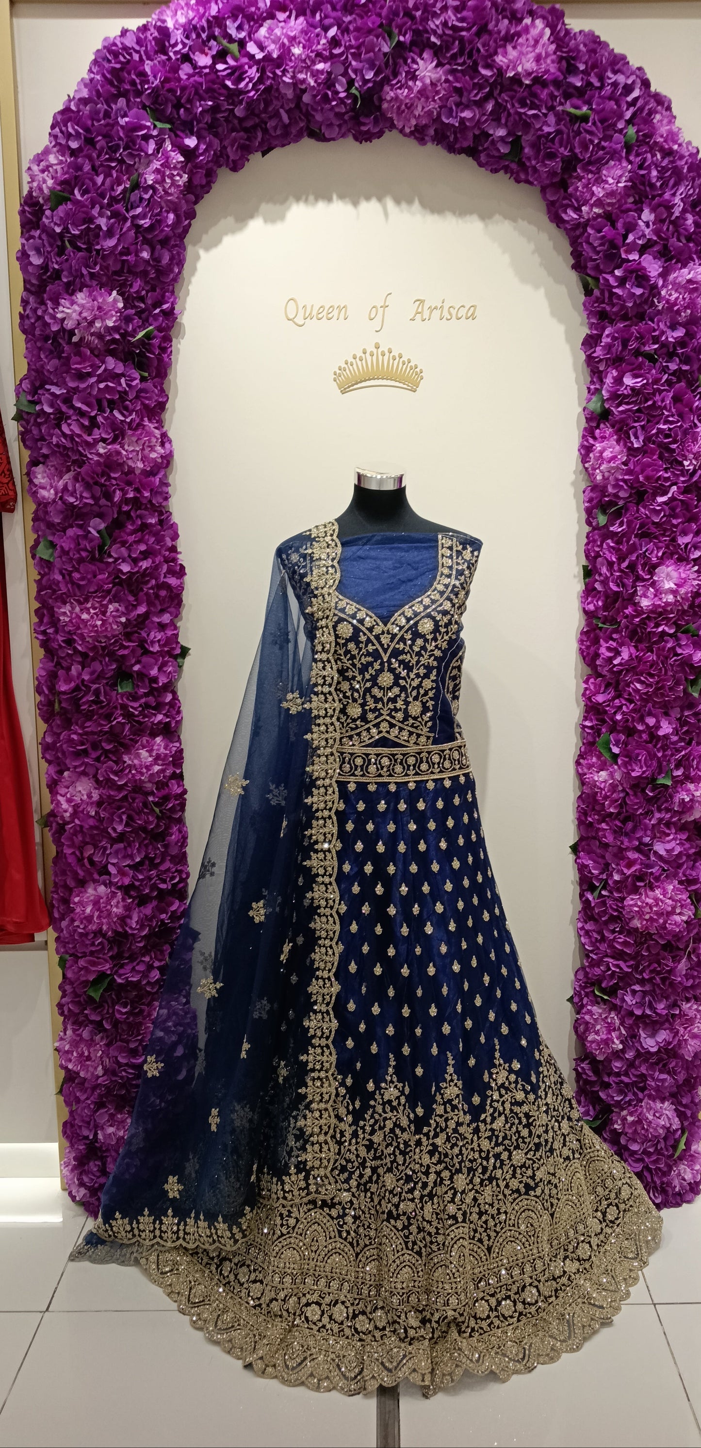  navy blue and gold heavy zari lehenga in Qatar. Perfect for receptions, engagements, and evening weddings in Doha