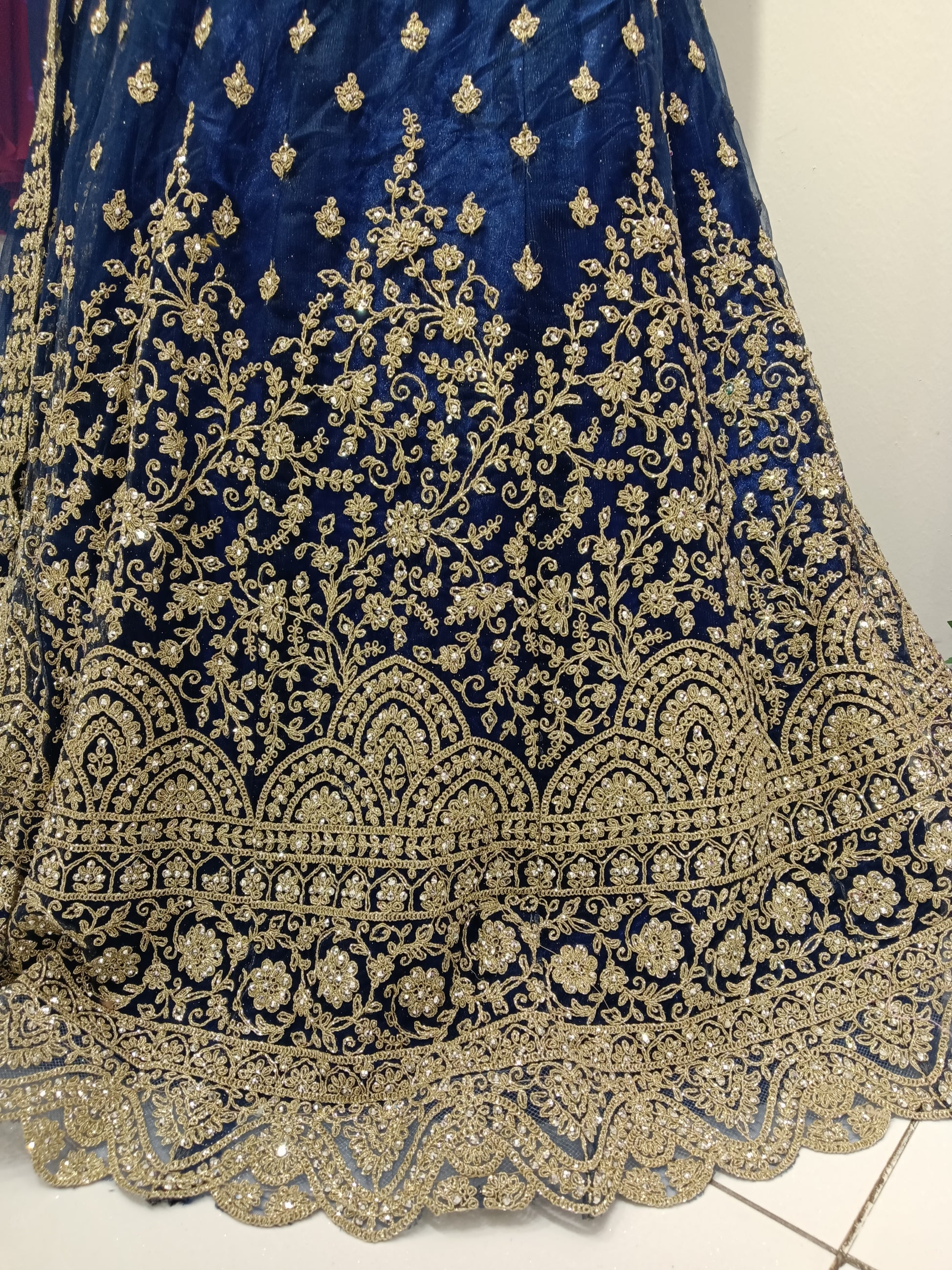 Lehenga Skirt, Net with all-over butti and heavy zari scalloped border.