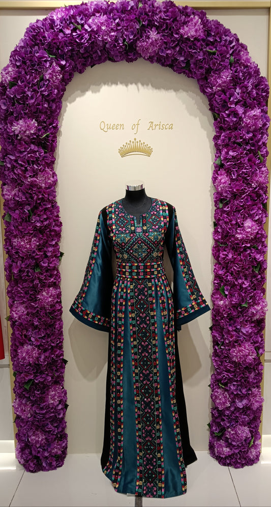Elegant Palestinian embroidered thobe in Qatar. Teal luxury dress, perfect for events, gatherings & cultural occasions.