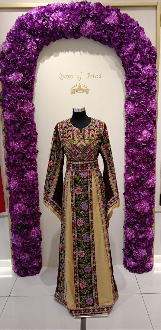 elegant Palestinian thobe in Qatar Burgundy and beige with floral embroidery
