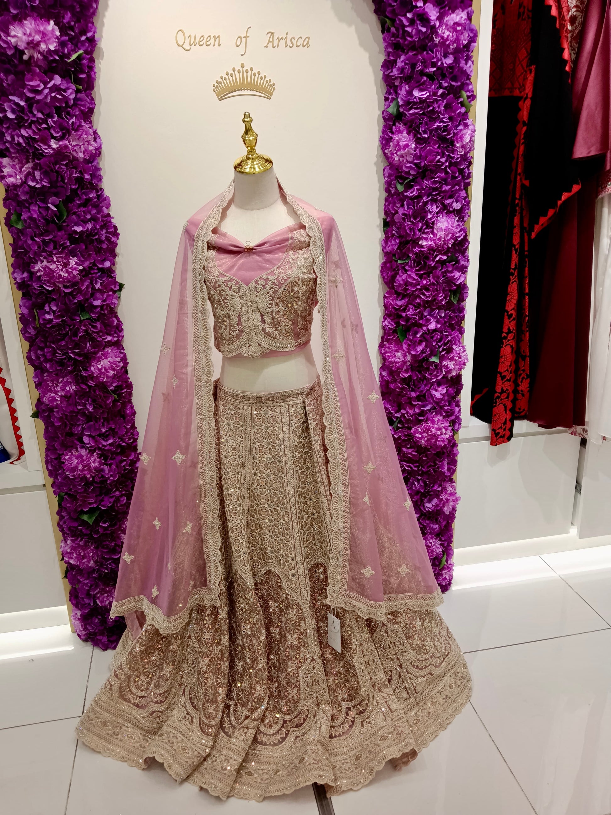 Luxury Pink embroidered lehenga in Qatar by Arisca