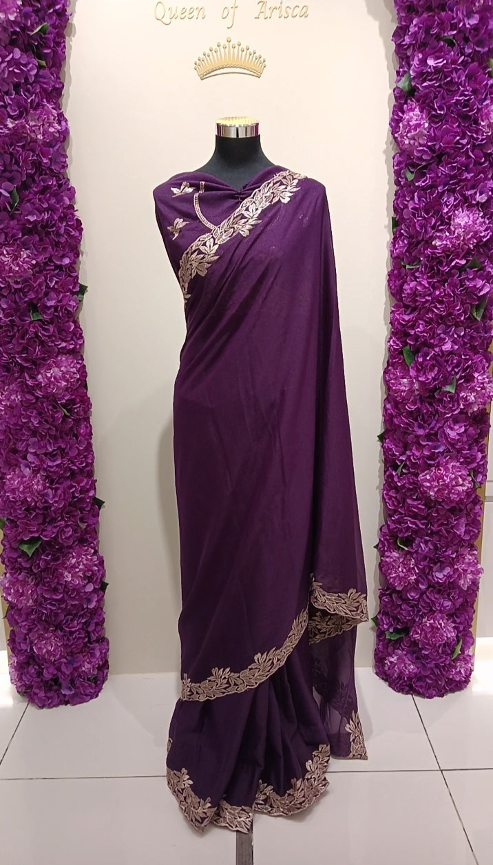 plum purple ready-to-wear saree in Qatar. Pre-stitched pleats, lightweight fabric, elegant gold embroidery for parties & special events.