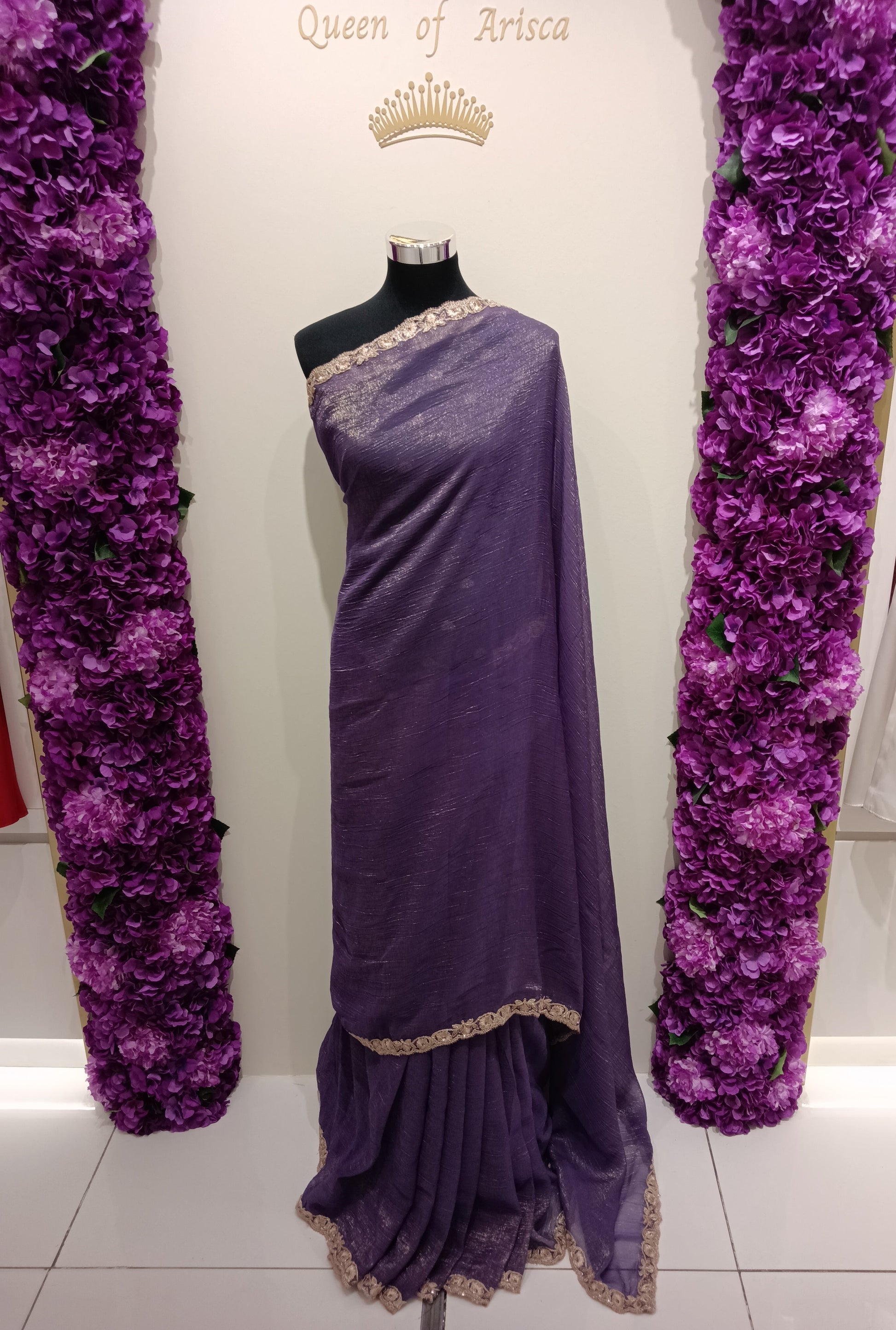 ready-to-wear purple saree in Qatar. Pre-stitched pleats, lightweight shimmer fabric, perfect for parties, weddings & special occasions.