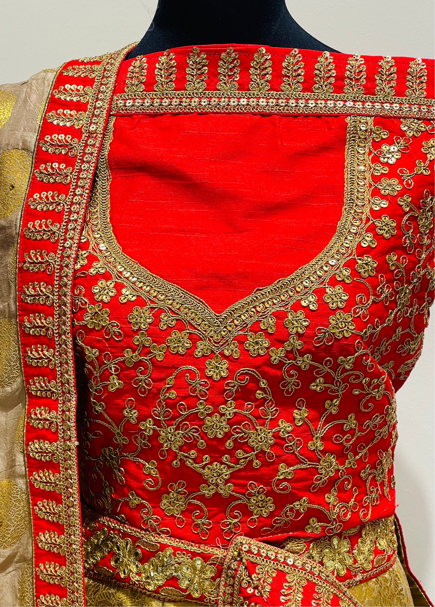 A traditional Indian lehenga. The outfit features a bright red velvet blouse heavily embellished with gold zari embroidery, a matching red border, a gold and red patterned skirt, and a beige dupatta with gold motifs.