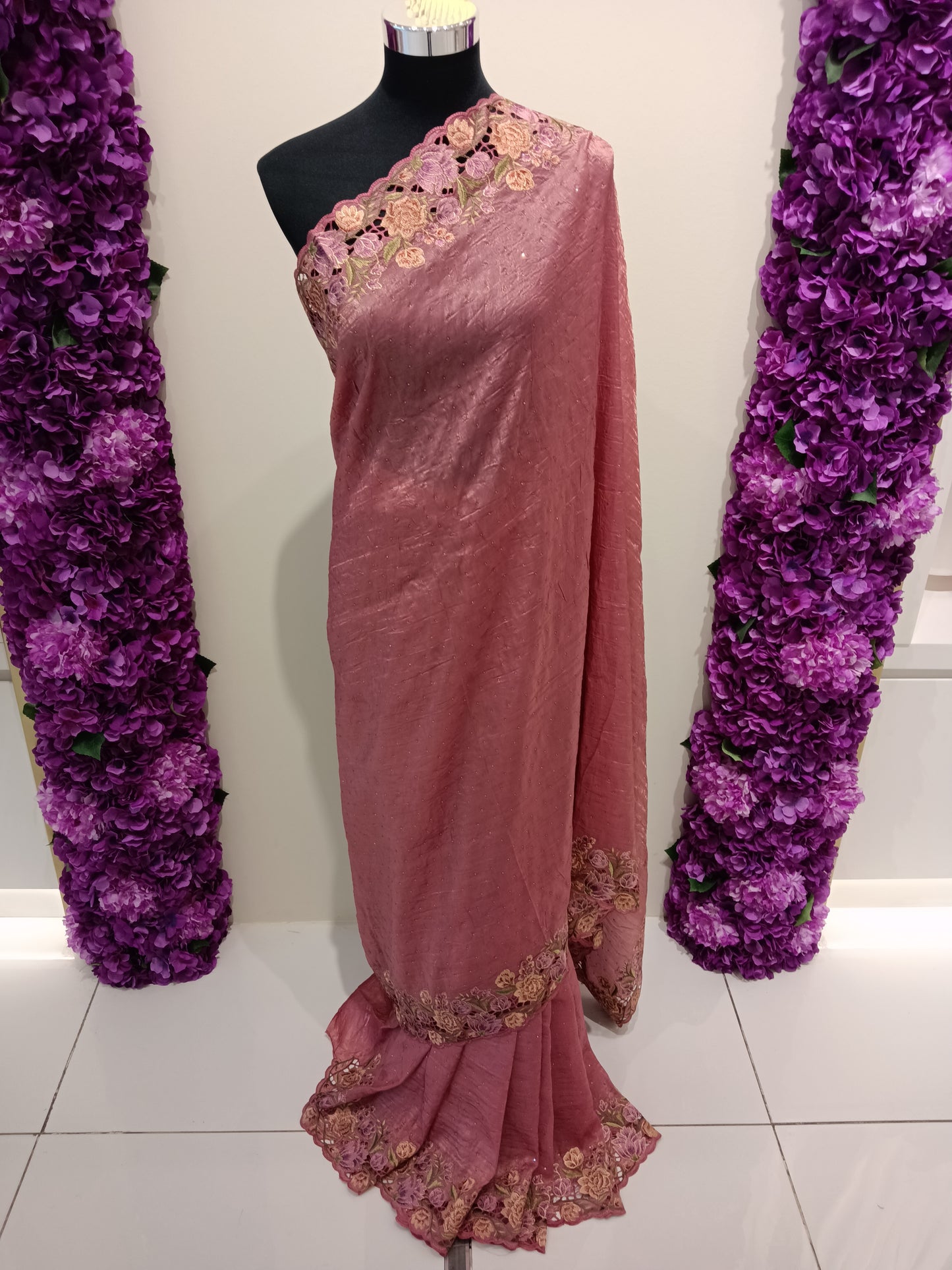 dusty rose ready to wear saree with embroidered floral border. Pre-stitched with perfect pleats for weddings, parties & events in Qatar