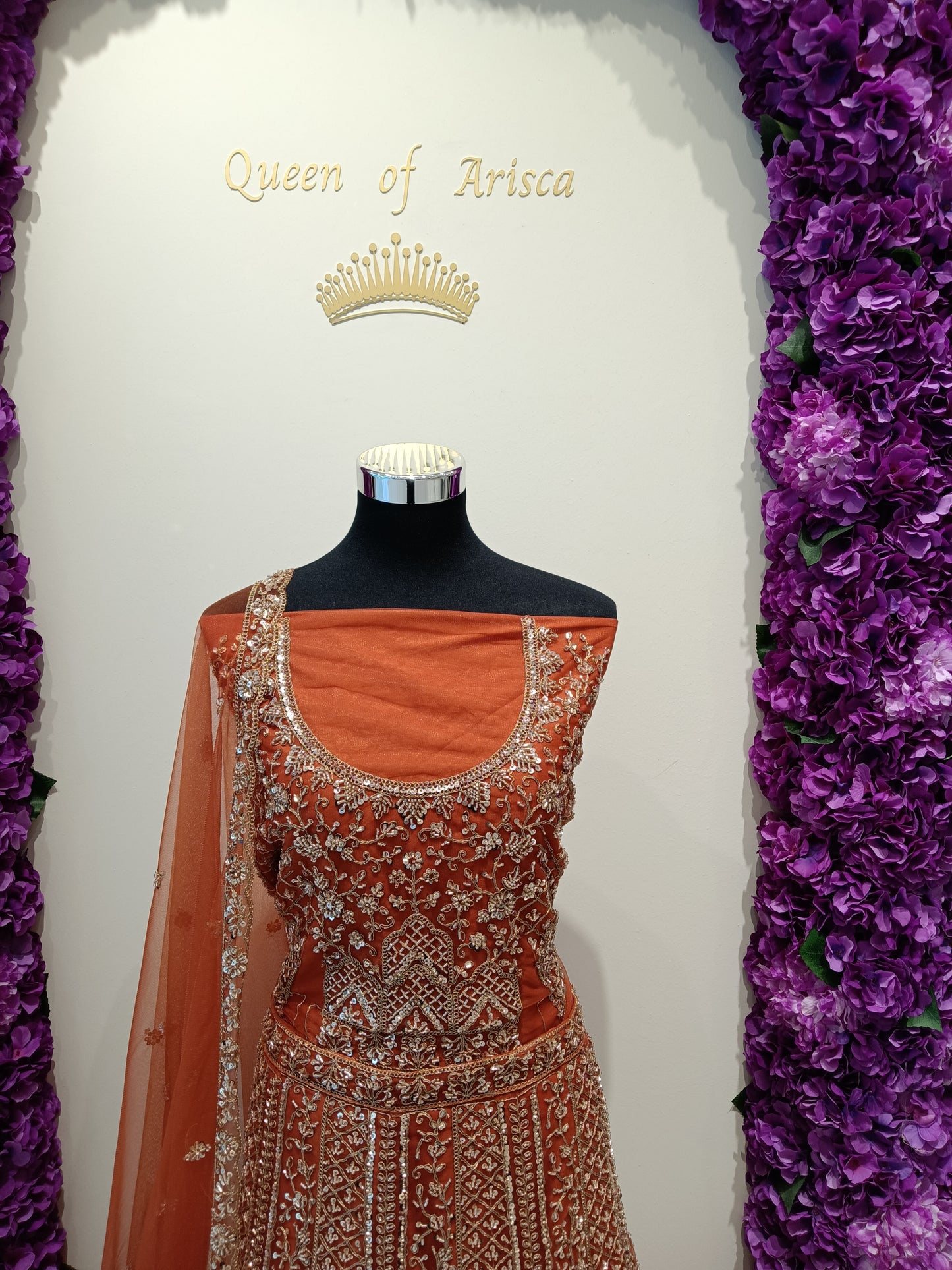 Premium net fabric with heavy zari, stone, and sequin work in vertical panels 
