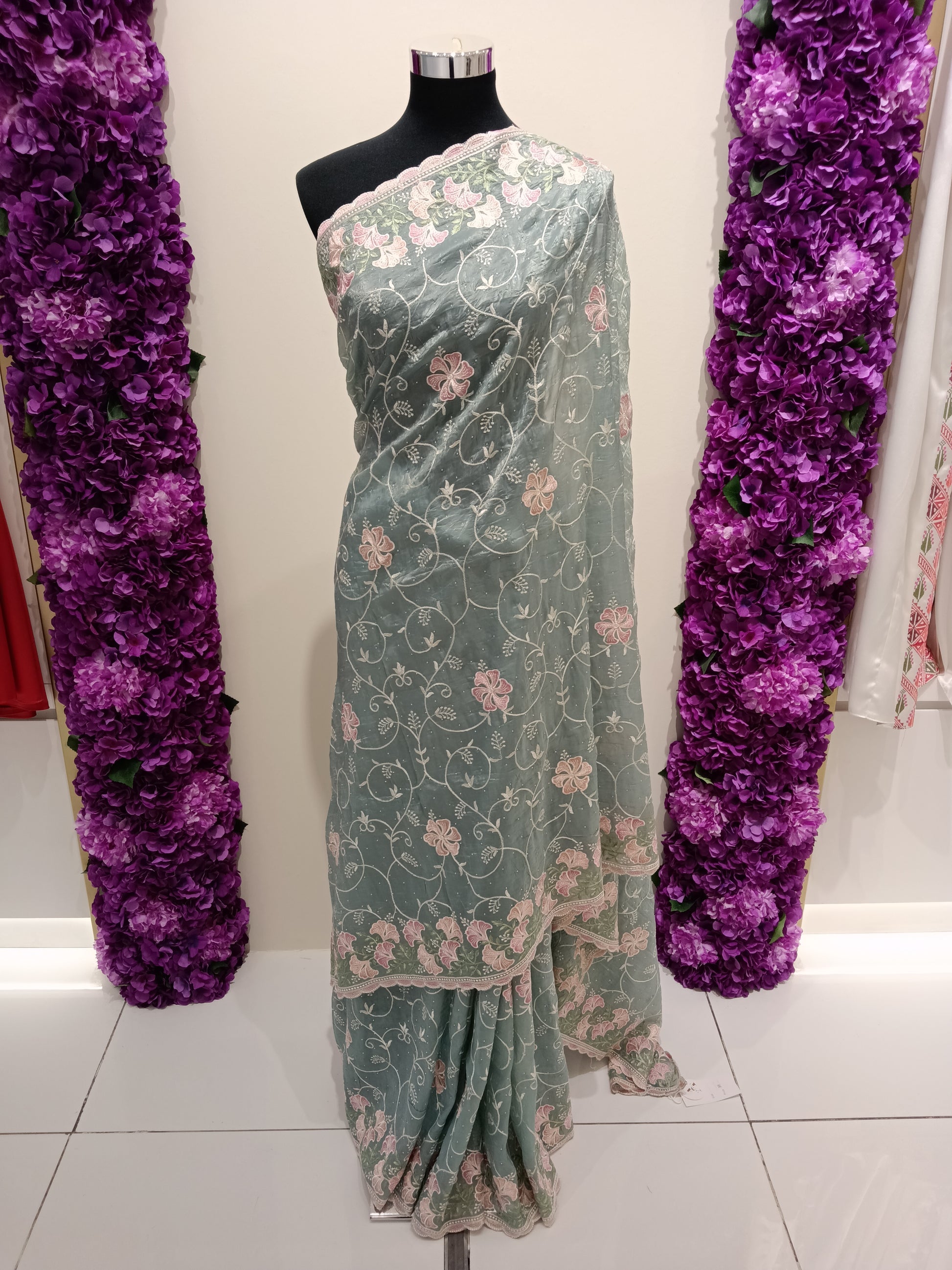 Sage Green Ready Saree with Floral Work | Qatar