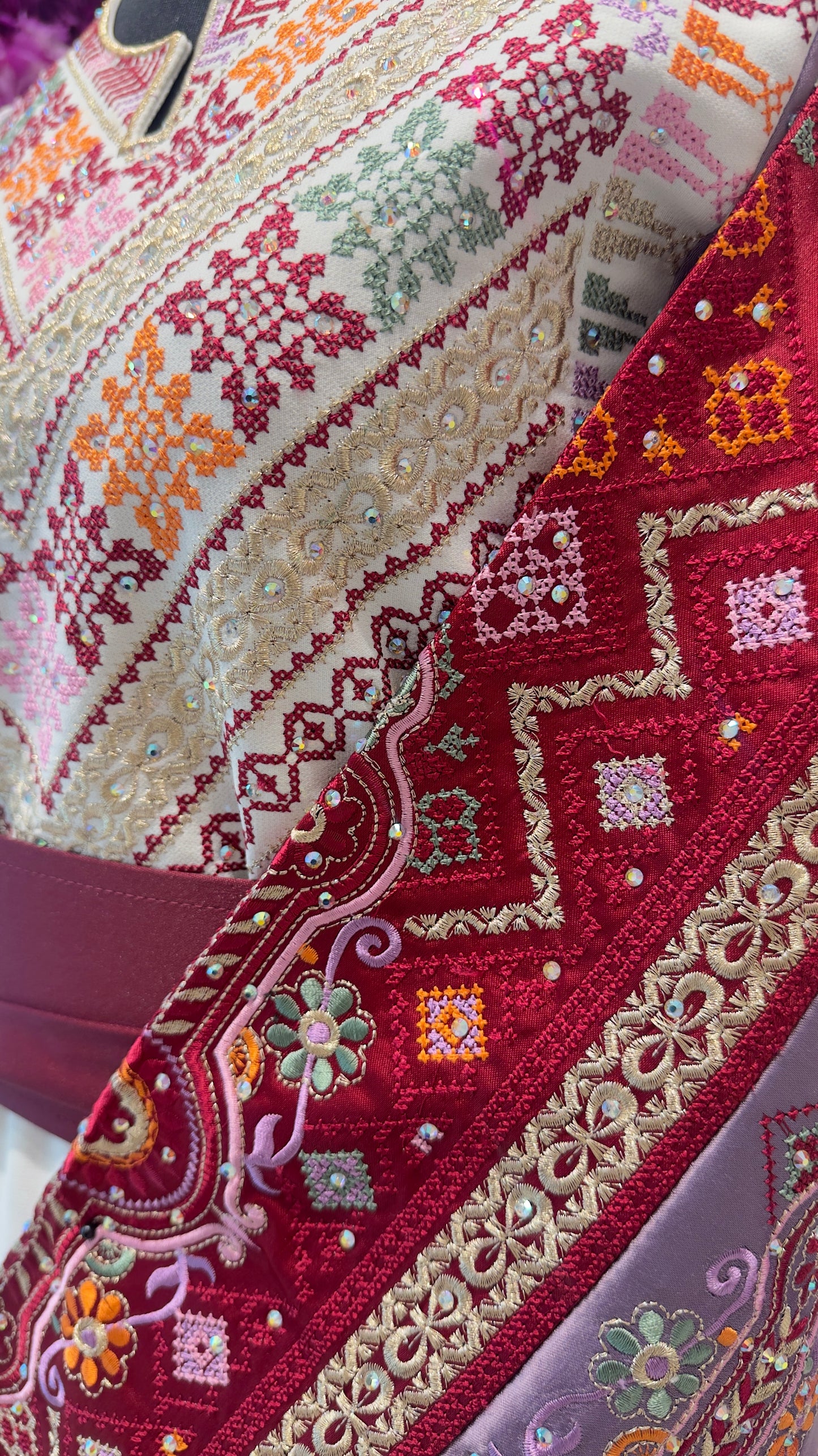 Close-up of an intricately embroidered fabric with colorful patterns