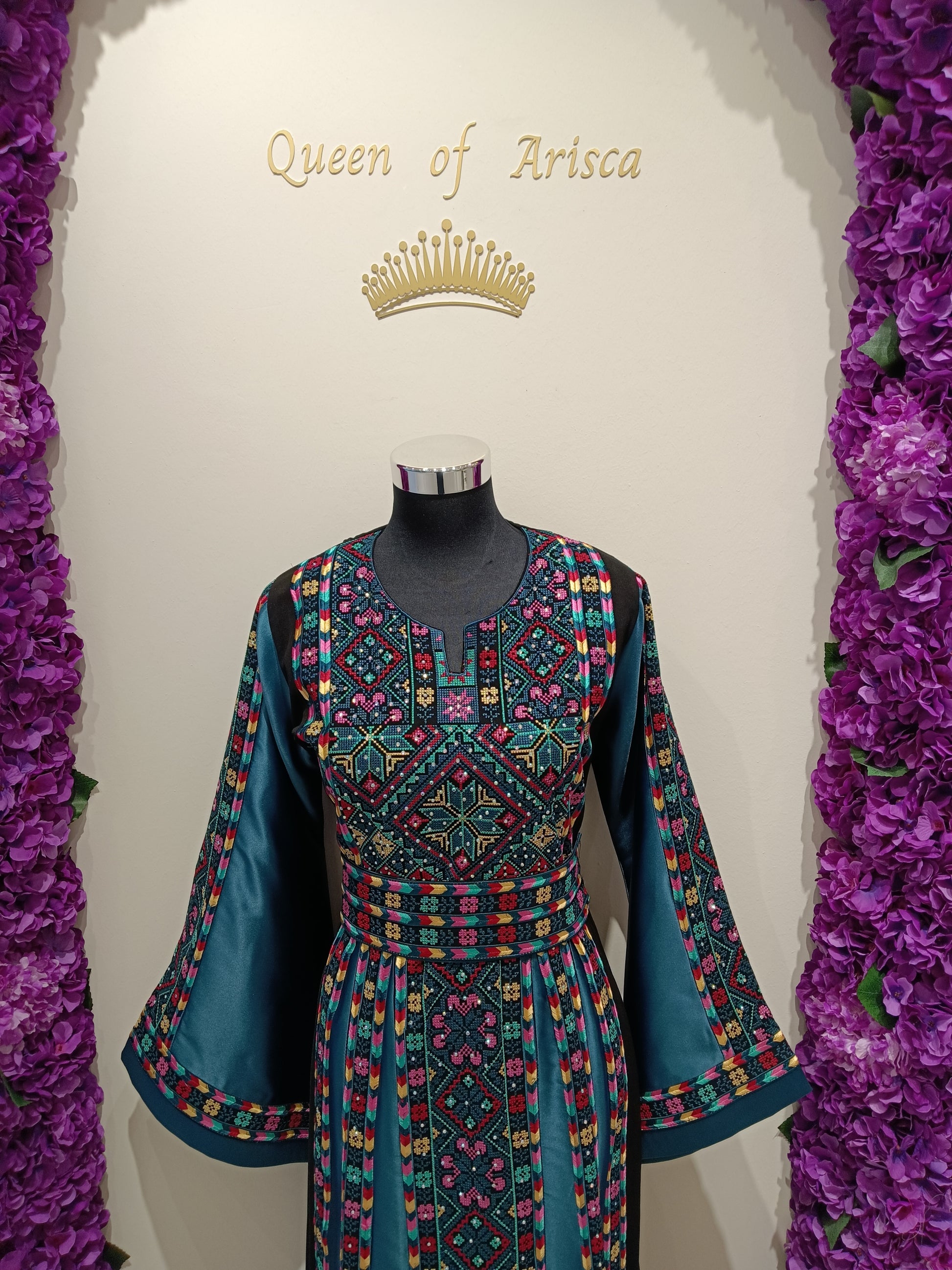 luxury Palestinian embroidered thobe , intricate geometric and floral motifs reflect authentic Palestinian heritage, adding cultural richness and a luxurious handcrafted feel.