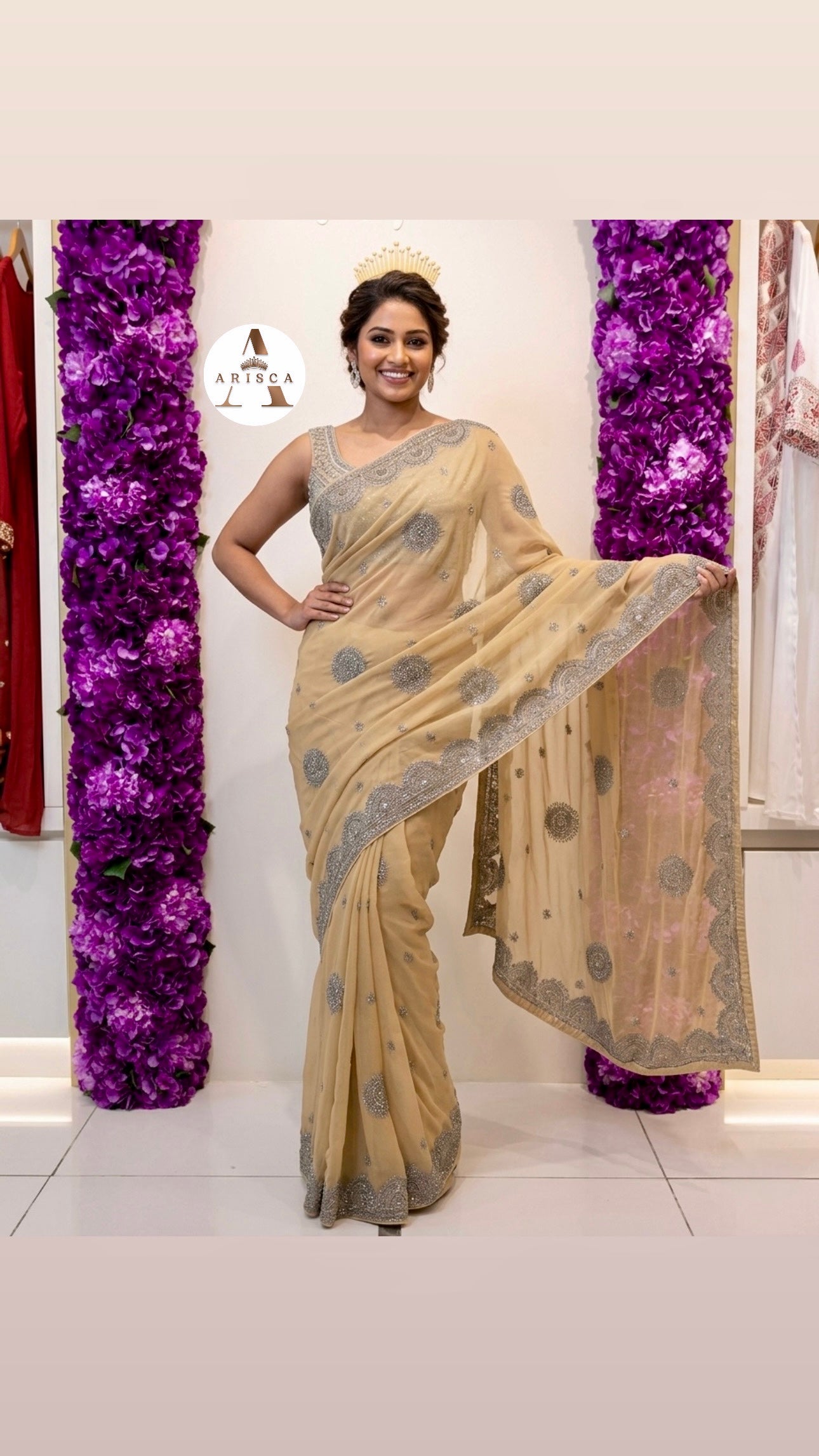 champagne beige ready to wear saree, designed in premium soft georgette fabric
