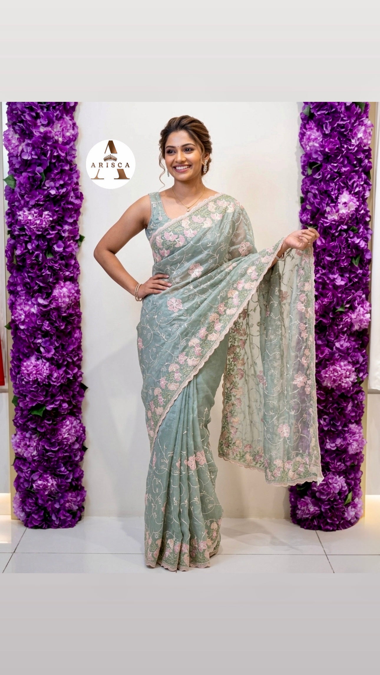 Sage Green Ready to Wear Saree with Pink Floral Embroidery