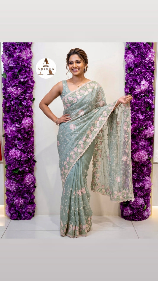 Sage Green Ready to Wear Saree with Pink Floral Embroidery