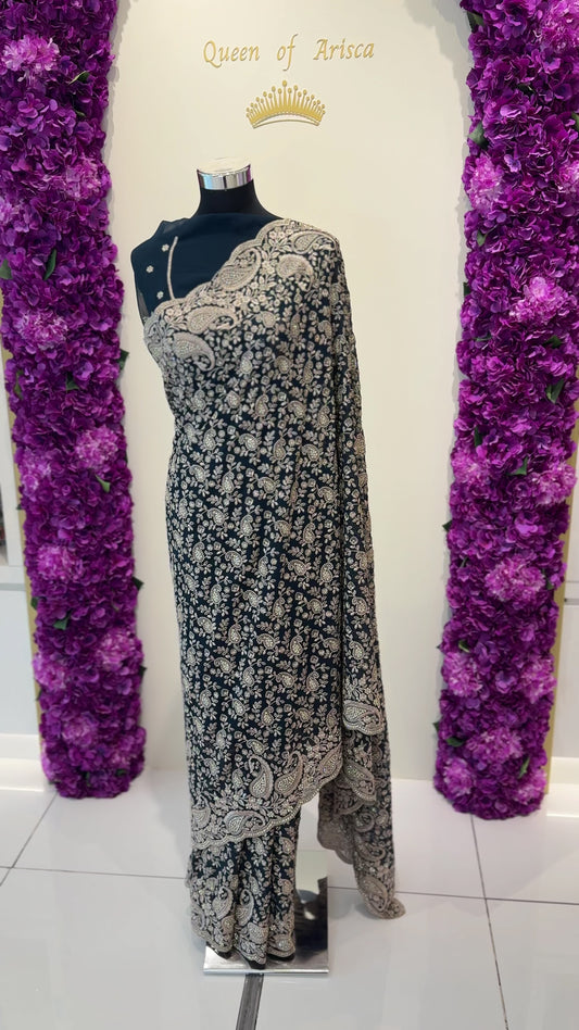 Teal Green Golden Zari Ready-to-Wear Saree – Luxury Indian Saree in Qatar