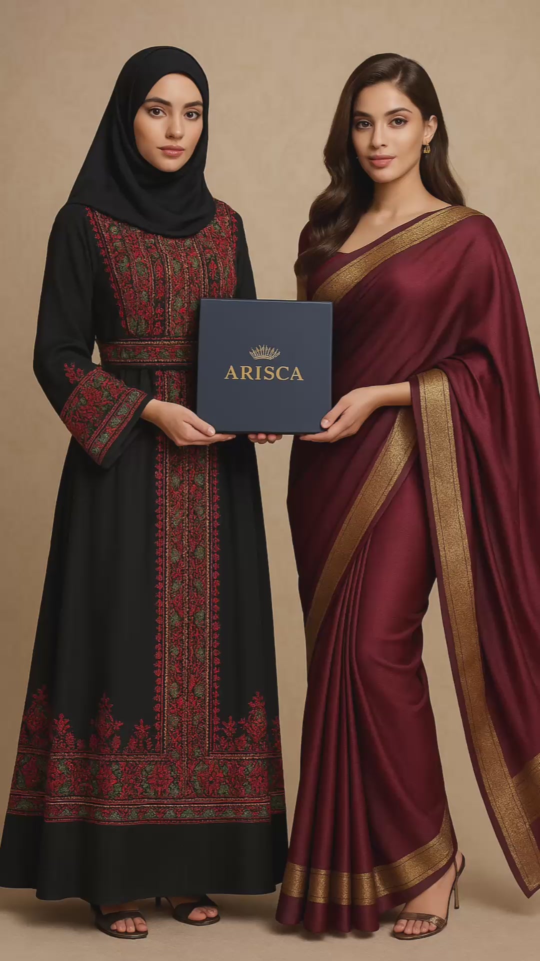 Load video: Video showcasing Arisca’s heritage fashion collection in Qatar, featuring women wearing ready-to-wear Indian sarees and authentic Palestinian thobes in luxurious settings - expressing cultural pride and elegance the Arisca way